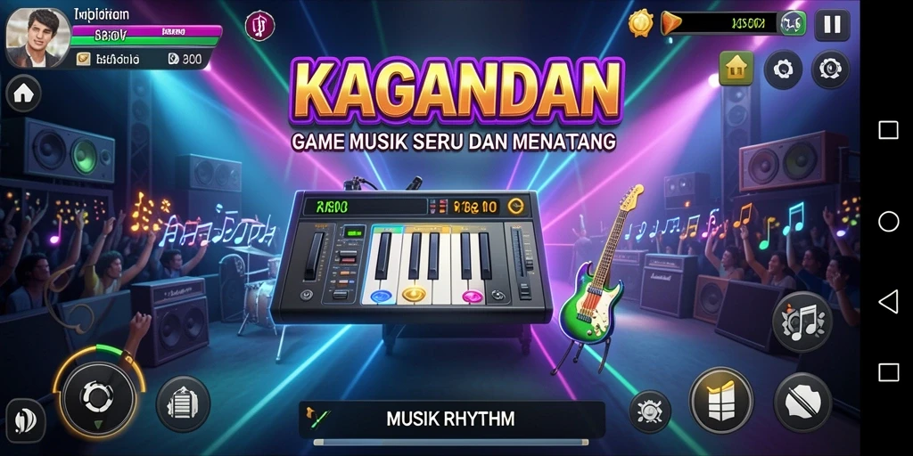 Tampilan antarmuka KAGANDAN yang menarik dengan elemen Musik Rhythm.