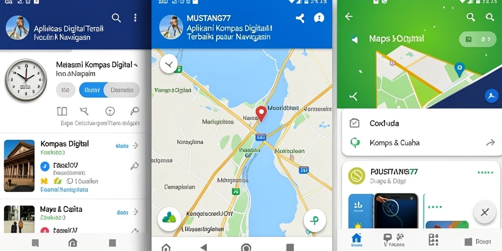Screenshot utama menunjukkan antarmuka kompas digital MUSTANG77 yang intuitif.